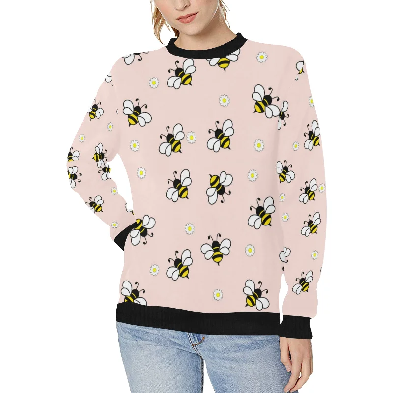 Cute bee flower pattern pink background Women's Crew Neck Sweatshirt Hoodie with Hem Embroidery Detailed Premium