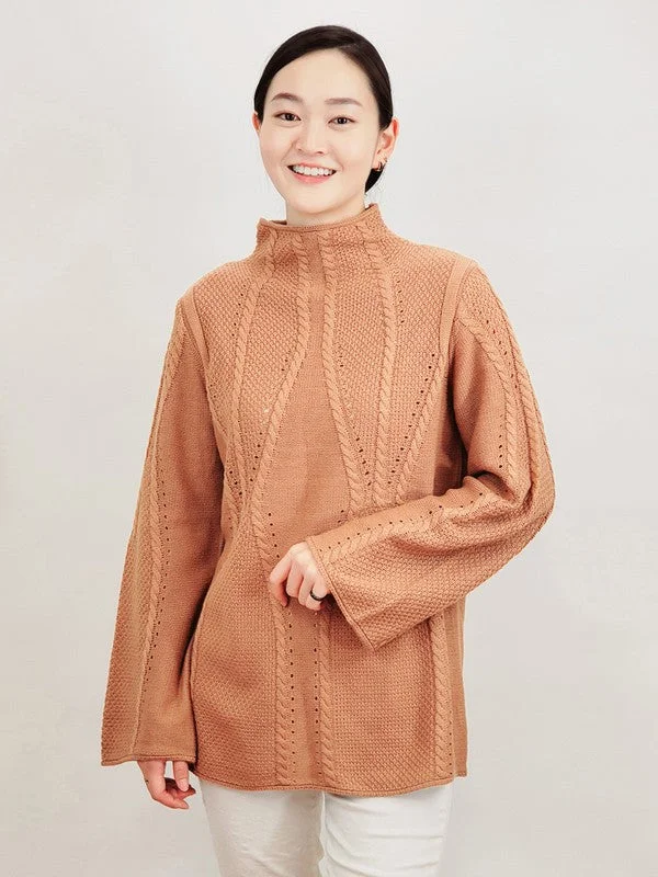 Mock Neck Cable Knitted Tunic Pullover Sweater Notch Collar Peter Pan Collar Cowl Neck