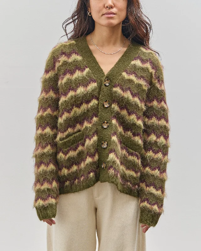 Brain Dead Zig Zag Striped Sweater, Olive Velvet Chenille Corduroy