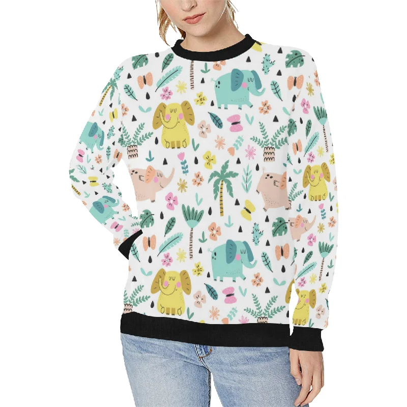 Cute elephants palm tree flower butterfly pattern Women's Crew Neck Sweatshirt Hoodie with Gradient Ombre Colorful