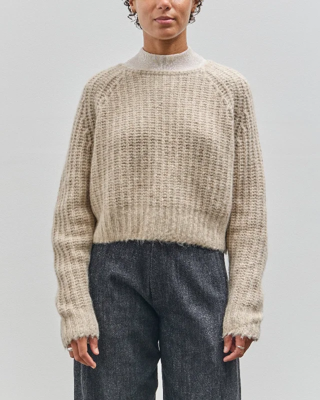 7115 by Szeki Chunky Cropped Sweater, Light Taupe Mesh Sweater Canvas Denim