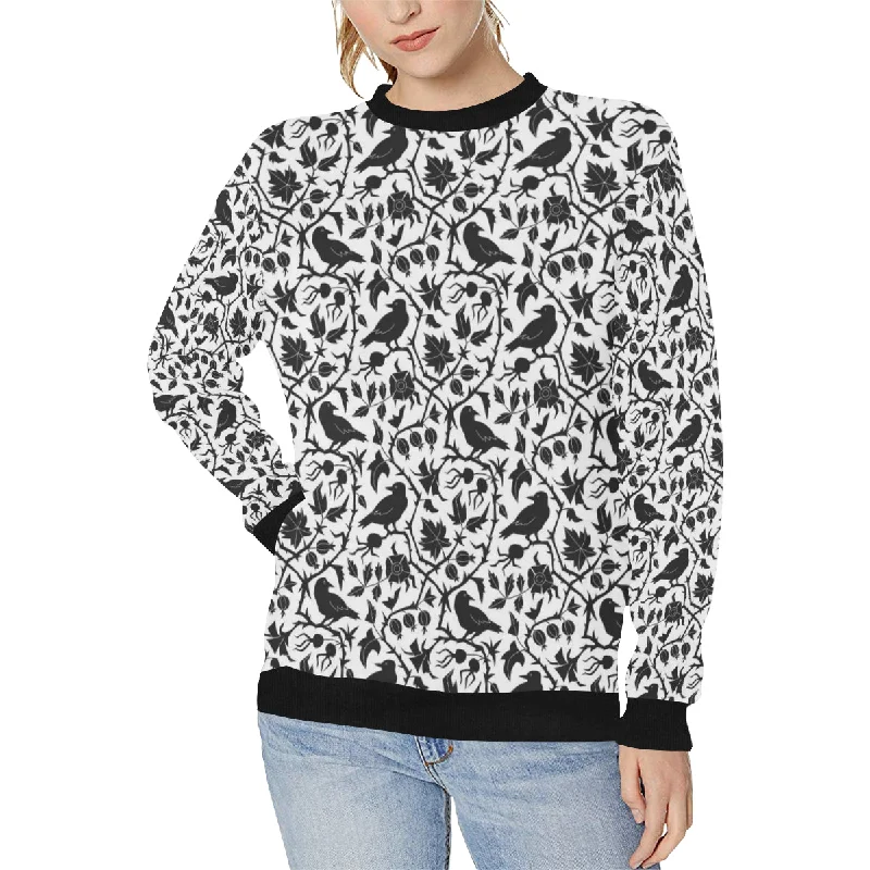 Crow dark floral pattern Women's Crew Neck Sweatshirt Hoodie with Button Placket Classic Preppy