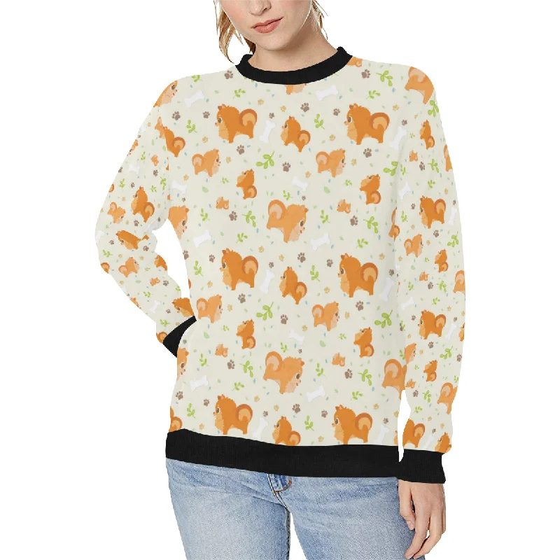 Cute brown pomeranian paw leave bone pattern Women's Crew Neck Sweatshirt Hoodie with Cuffed Sleeves Snug Secure