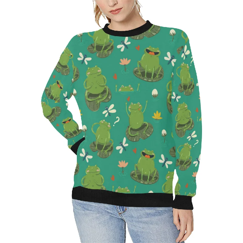 Cute frog dragonfly design pattern Women's Crew Neck Sweatshirt Hoodie with Strings Custom Fit Adjustable