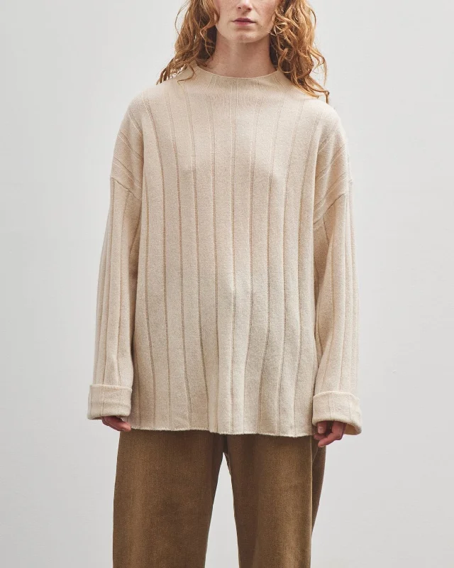 7115 by Szeki Merino Wide Ribbed Sweater, Beige-White Sweater Knitwear Pullover