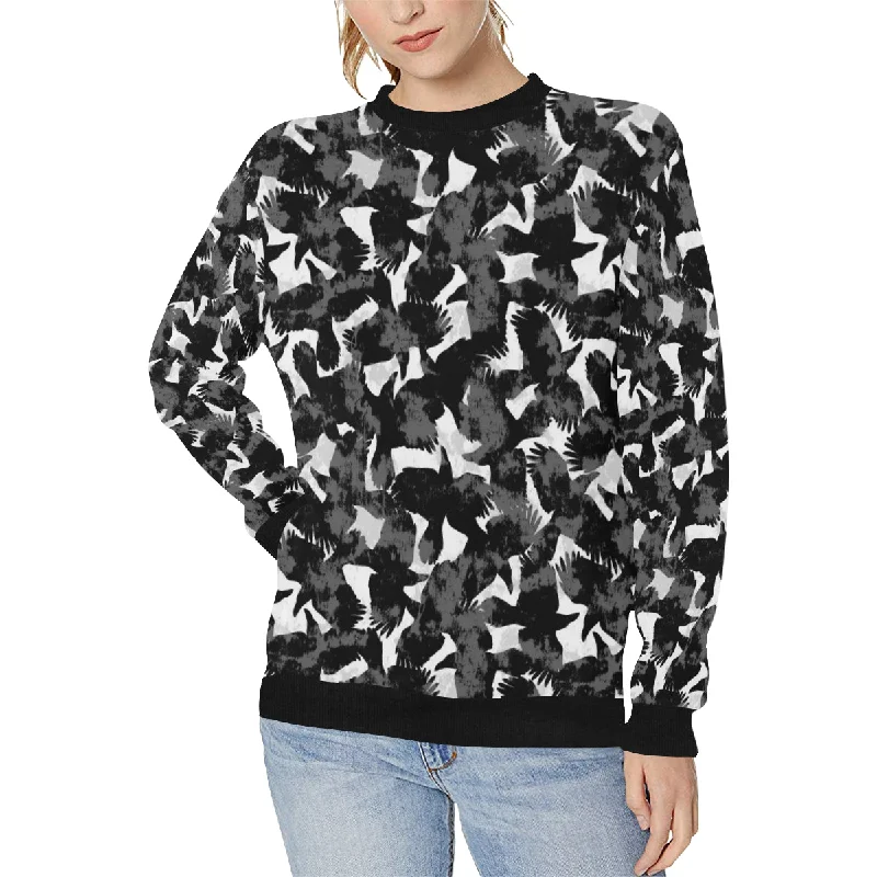 Crow illustration pattern Women's Crew Neck Sweatshirt Hoodie with Elastic Cuffs Stretchable Comfortable