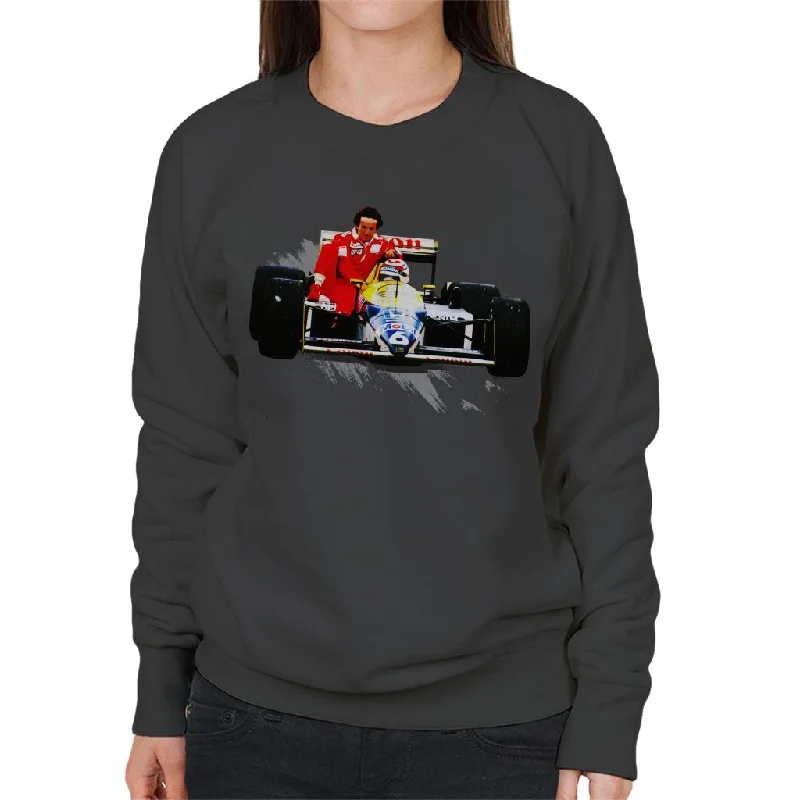 Motorsport Images Nelson Piquet Honda Gives Alain Prost A Lift German GP Women's Sweatshirt Hoodie with Typography Text Message