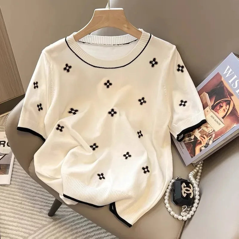 Wjczt Short Sleeve Knitted Sweaters & Jumpers Summer Women's Korean Fashion Thin Knit Pullovers Casual Knitwear Tops Female Clothing Mesh Blend Leather Blend Suede Blend