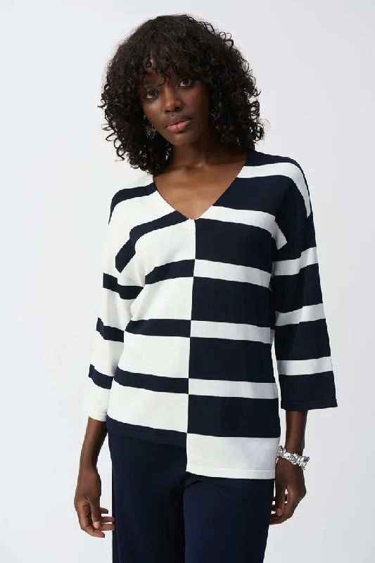 Striped Sweater Knit V-Neck Pullover Zippered Front Buttoned Front Snap Front