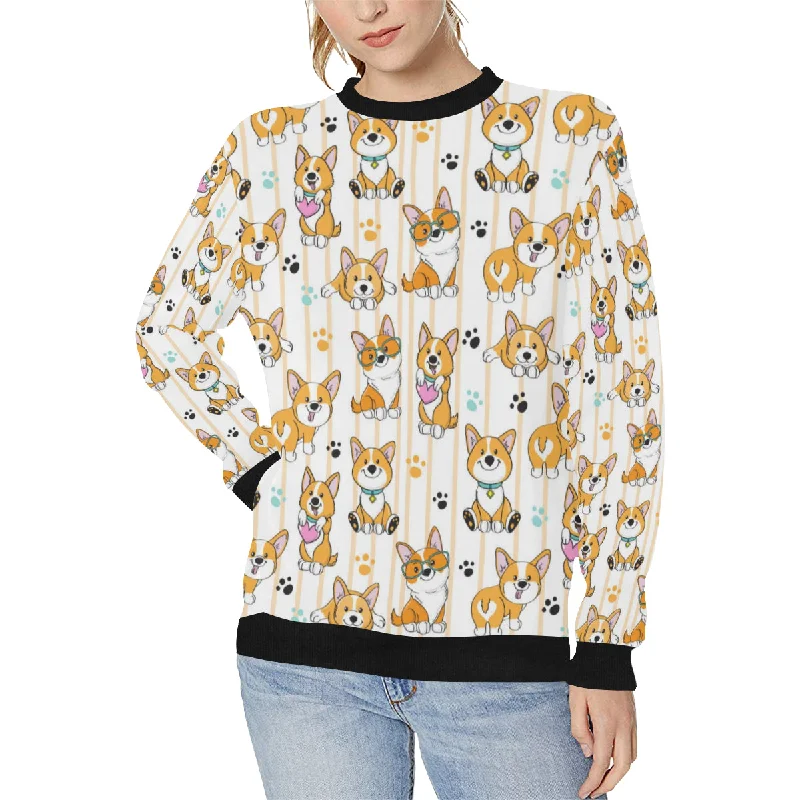 Cute dog corgi striped background pattern Women's Crew Neck Sweatshirt Hoodie with Cropped Fit Short Trendy