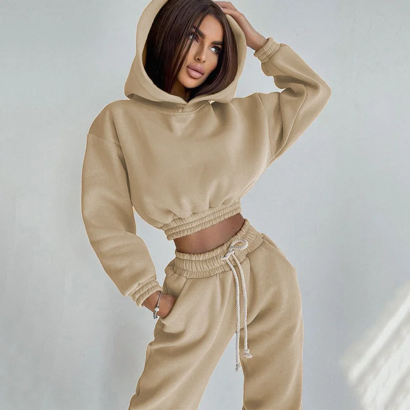 Wjczt cold weather outfits 2024 Women's Hooded Waist Short Sweater Casual Solid Color Drawstring Sports Suit Solid Print Embellished