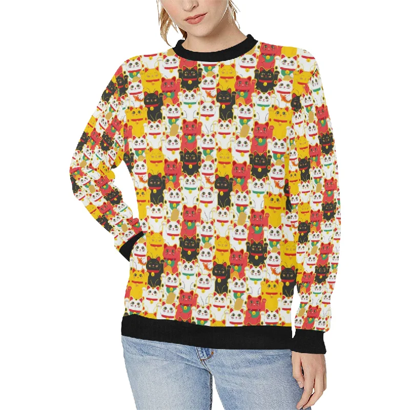 Colorful Maneki neko cat pattern Women's Crew Neck Sweatshirt Hoodie with Gradient Ombre Colorful