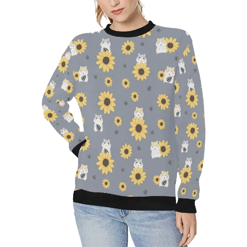 Cute hamster sunflower pattern background Women's Crew Neck Sweatshirt Hoodie with Belted Waist Structured Tailored