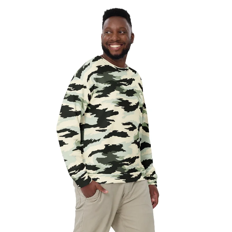 American Boreal Tiger Stripe Camouflage Crewneck Sweatshirt Hoodie with Cuffed Sleeves Snug Secure