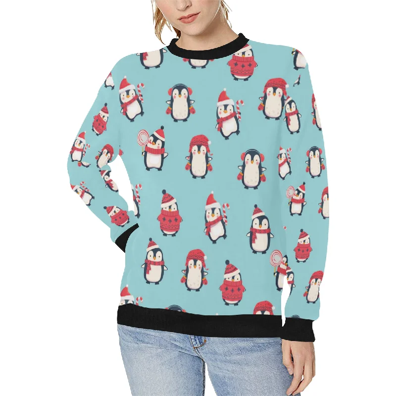 Cute penguin christmas  design pattern Women's Crew Neck Sweatshirt Hoodie with Typography Text Message