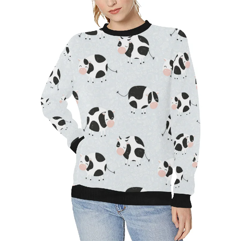 Cute cows pattern Women's Crew Neck Sweatshirt Hoodie with Slit Hem Functional Movement