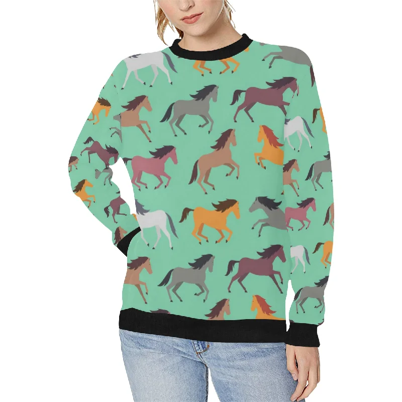 Colorful horses pattern Women's Crew Neck Sweatshirt Hoodie with Stripes Bold Sporty