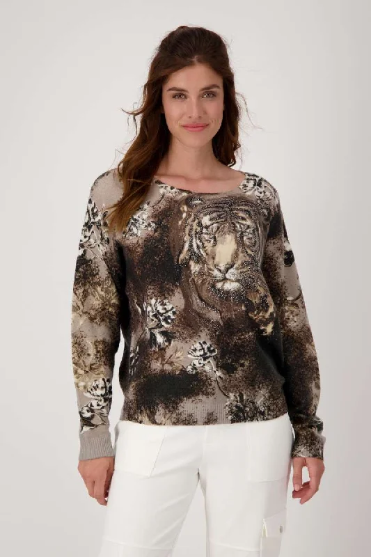 Tiger Print Sweater in Espresso Pattern 806362MNR by Monari  - OUTLET SALE Ribbed Striped Patterned