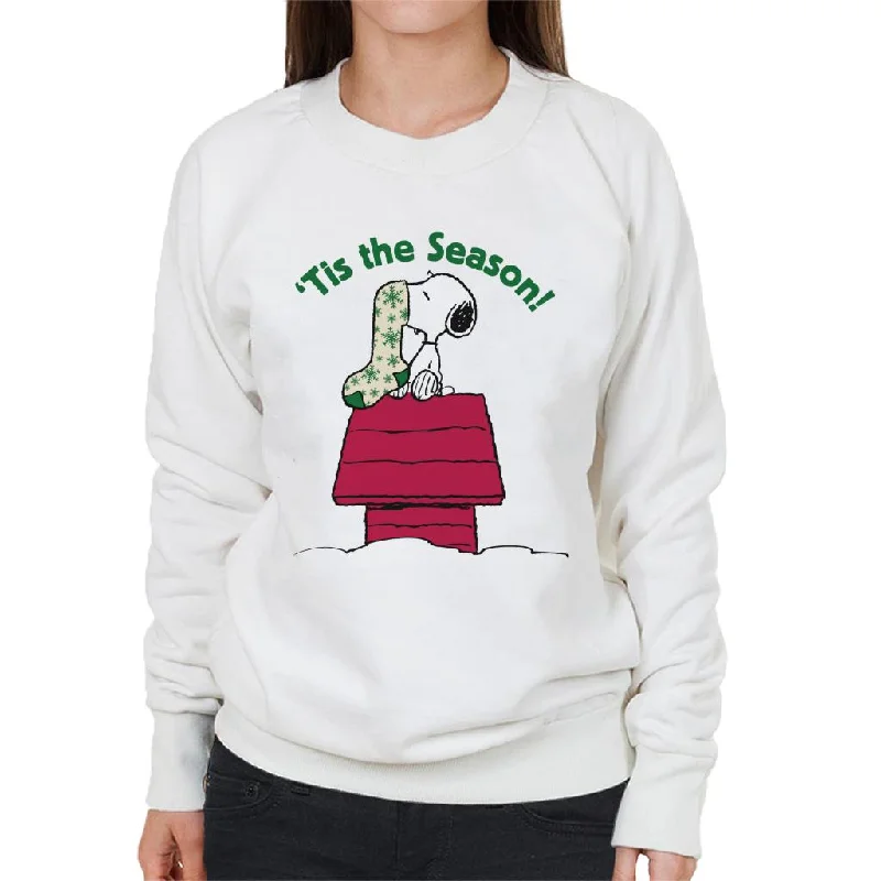 Peanuts Snoopy Tis The Season Festive Stocking Women's Sweatshirt Hoodie with Slit Hem Functional Movement