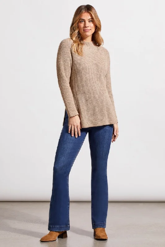 Mock Neck Tunic Sweater with Side Slits Real Fur Shearling Chenille