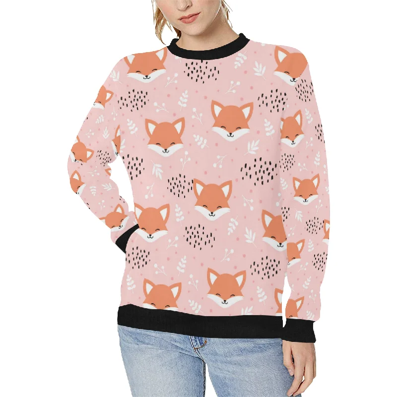 Cute fox pattern pink background Women's Crew Neck Sweatshirt Hoodie with Stripes Bold Sporty