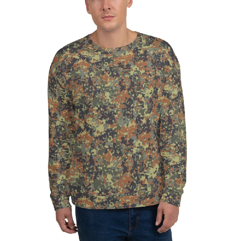 Flecktarn Reconnaissance Camouflage Brushed Fleece Crewneck Sweatshirt Hoodie with Raglan Sleeves Sporty Comfortable