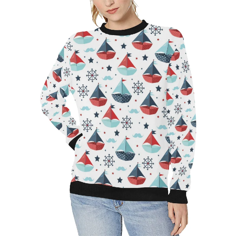 Cute color paper sailboat pattern Women's Crew Neck Sweatshirt Hoodie with Batwing Sleeves Loose Dramatic