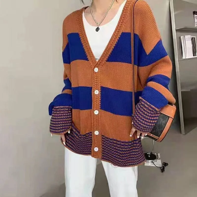 Wjczt streetwear men outfits 2024 Autumn Knitwear Sweater Women's Color Matching Cardigan V-neck Coat Women's Striped Loose Casual Style Women's Clothing Soft Cozy Warm