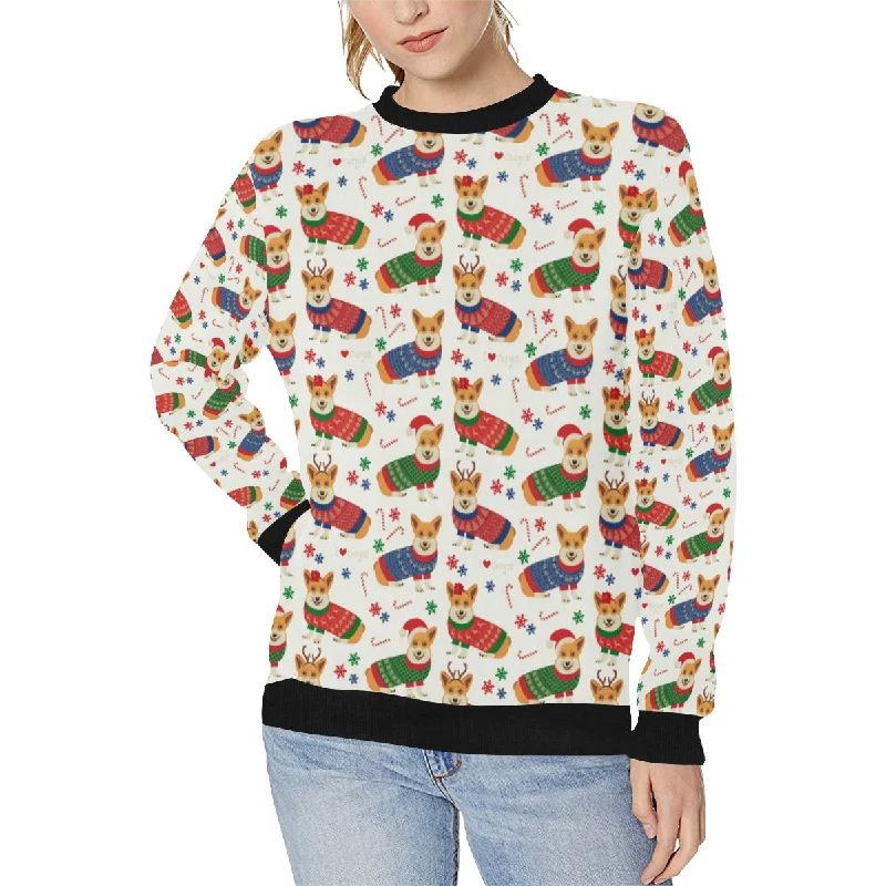 Corgi Christmas Pattern Women's Crew Neck Sweatshirt Hoodie with Full-Zip Functional Layering