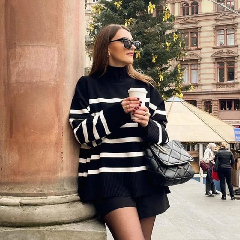 Wjczt Winter Black And White Stripe Sweater Women Streetwear Loose Pullover Jumper Tops Female Long Sleeve Turtleneck Knitted Sweaters Collared Crew Neck Turtle Neck