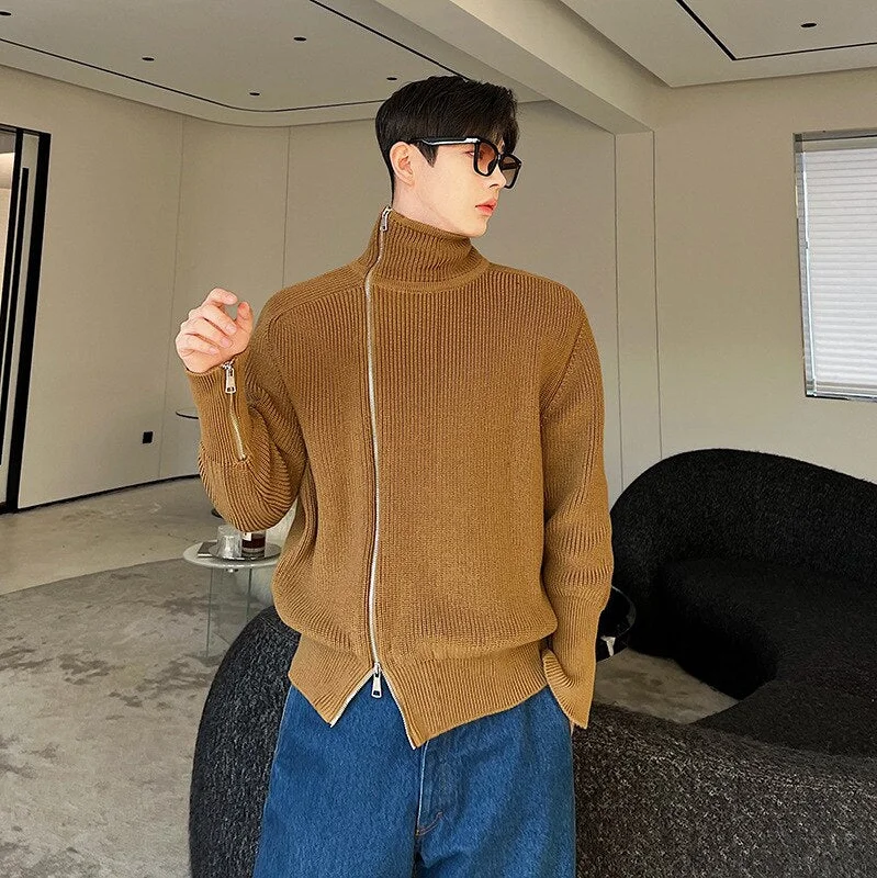 Wjczt Men  Winter Outfits Zipper Knitted Cardigan Sweater Coat for Men's Korean Autumn Winter New Loose Niche Camel Turtleneck Sweater Cuff Zipper Design Elegant Classic Vintage