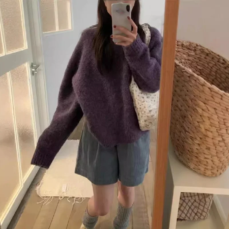 Wjczt cold weather outfits Gentle Style Purple Pullover Women's Autumn and Winter New Style Nuo Jiji round Neck Sweater Top Fashion Sequined Glittery Shiny