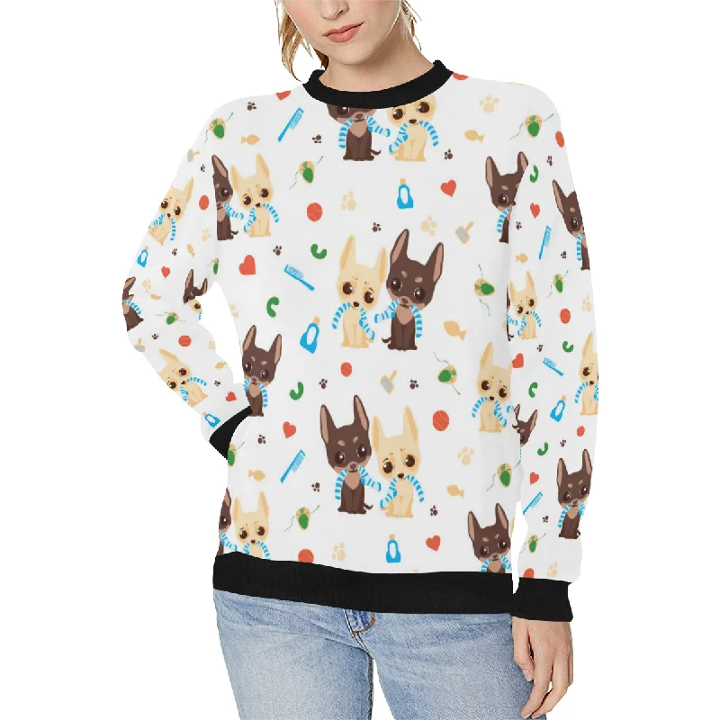 Cute Chihuahua dog pattern Women's Crew Neck Sweatshirt Hoodie with Exposed Zipper Edgy Industrial