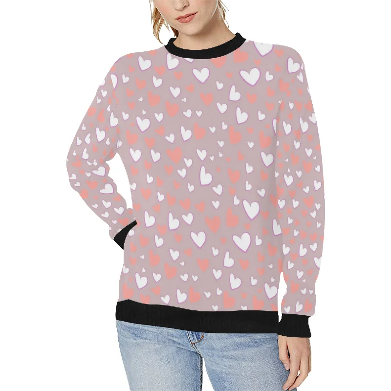 coral white heart pattern Women's Crew Neck Sweatshirt Hoodie with Zipper Placket Modern Functional