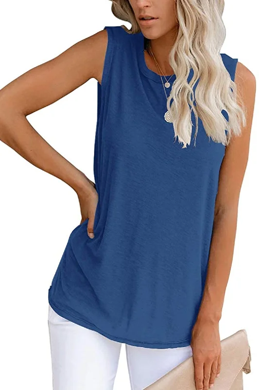 Bingerlily Women's Blue Sleeveless Flowy Tank Top low neck tank