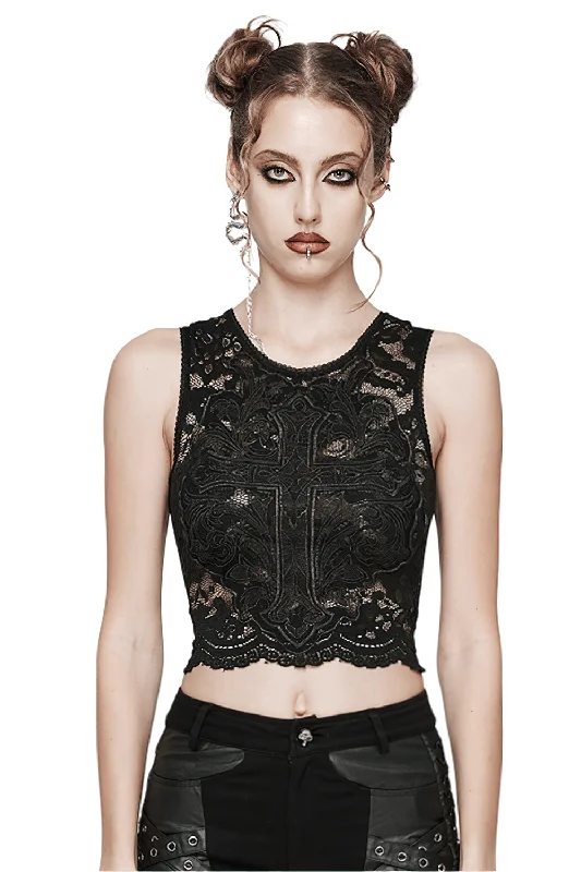 Elegant Gothic Lace and Mesh Tank Top With Cross scoop neck tank