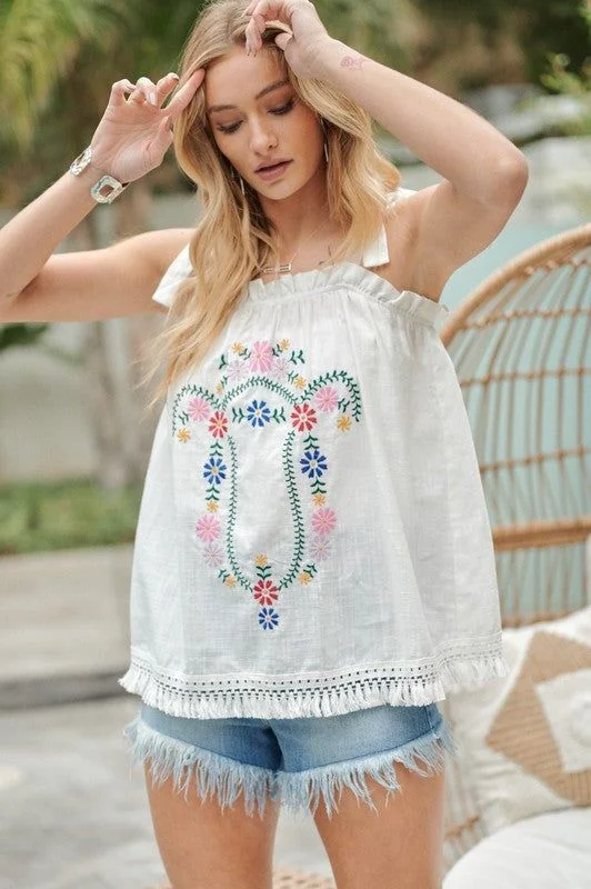 Davi & Dani | Embroidered Sleeveless Ruffle Tank Top fashionable tank top