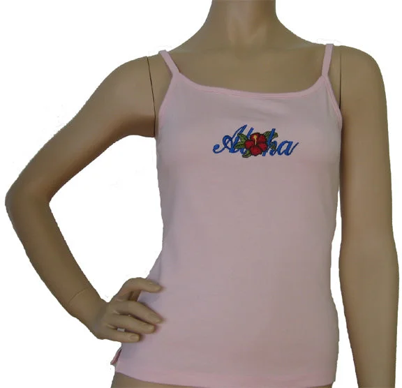 K9-SP531EA (Pink Embroidery Aloha), 100% Knit Cotton Single strap Tank Top off shoulder tank