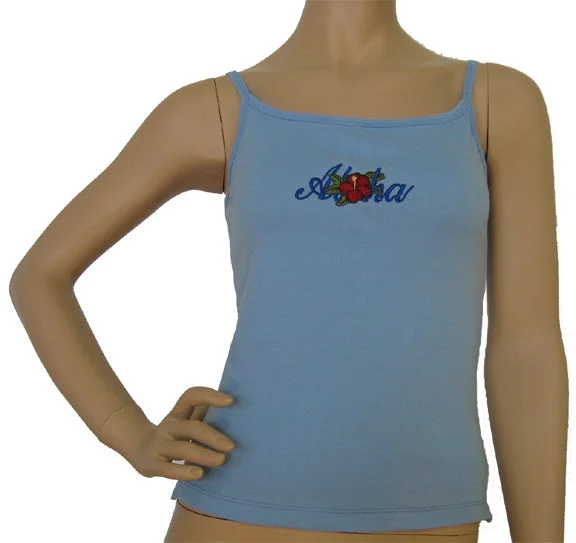 K9-SP533EA (Baby Blue Embroidery Aloha), 100% Knit Cotton Single strap Tank Top slim fit tank