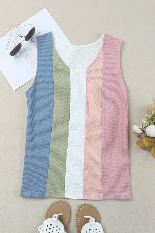 Multicolored Striped Waffle-Knit Sleeveless Tank fitted tank top