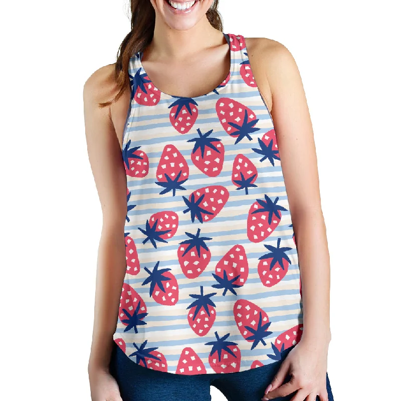 Strawberry pattern blue lines background Women Racerback Tank Top yoga tank top