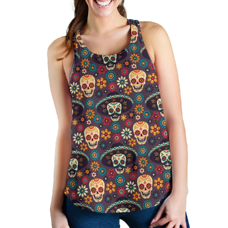 Sugar skulls flower maxican pattern Women Racerback Tank Top lightweight tank top