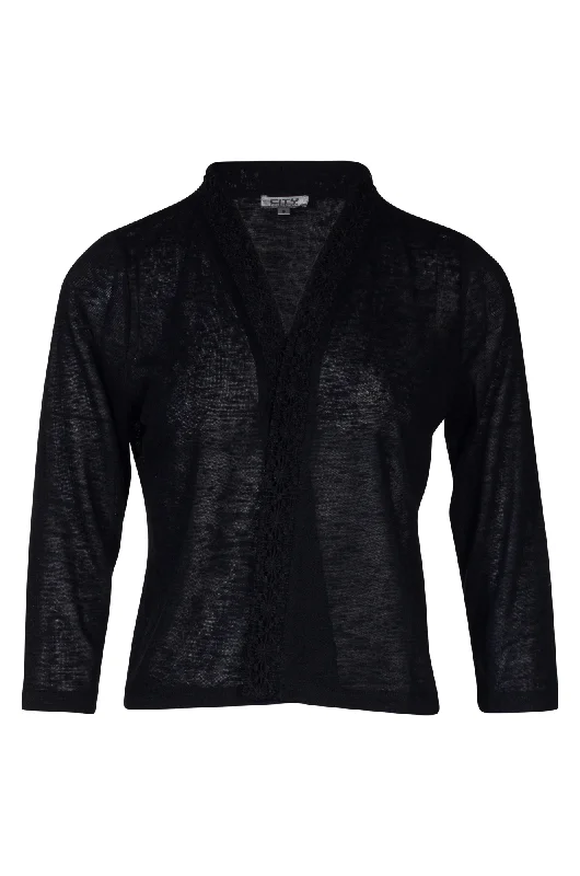 3/4 sleeve Cardigan with lace trim | Black | 7093A1 Fitted Slim Tailored