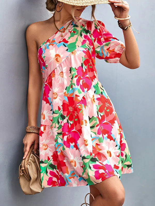 Zjkrl - A-Line Bishop Sleeve Flower Print Split-Joint One-Shoulder Mini Dresses Tunics Sale discount