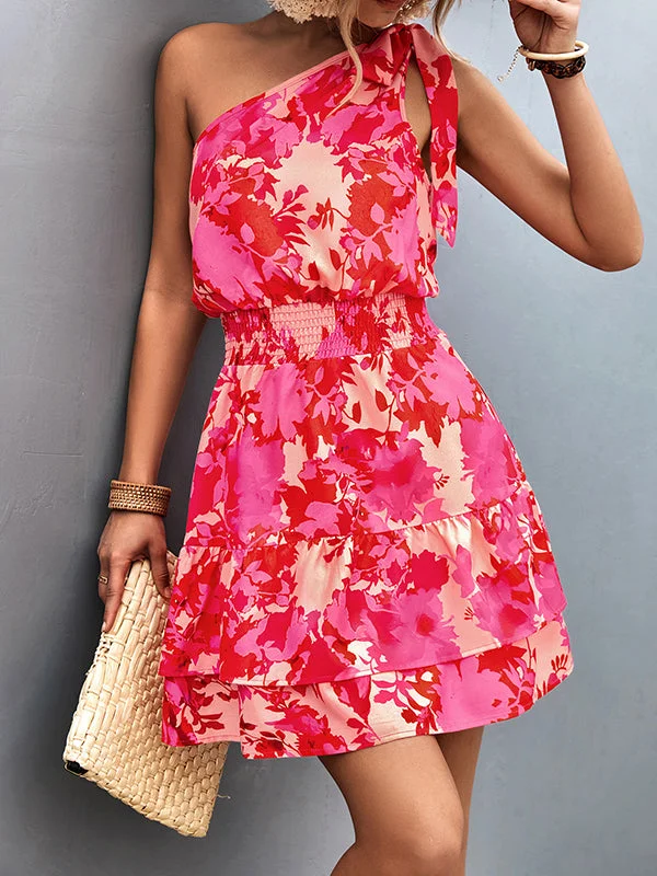 Zjkrl - A-Line Sleeveless Elasticity Flower Print Split-Joint Tied Tiered One-Shoulder Mini Dresses Tunics Gym athletic