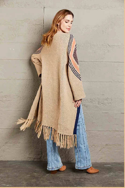 Angel Wings Geometric Fringe Hem Open Front Duster Cardigan Stretchy Elastic Breathable