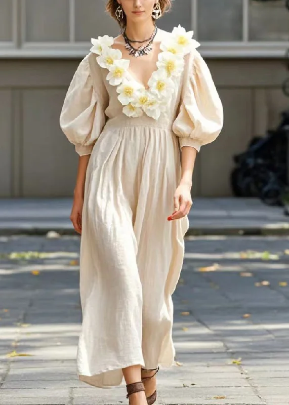 Art Apricot Three-dimensional Floral Cotton Robe Dresses Summer empire Waist empire