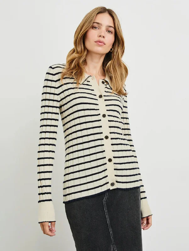 Aurelia Cardigan - Ivory Navy Stripe Solid Color Striped Floral Print