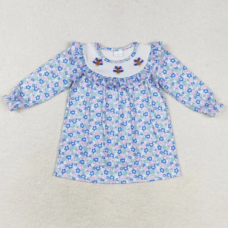 Baby Girls Dress Blue Floral Thanksgiving Turkey Knee Length Dresses GLD0600 Tunics Custom made