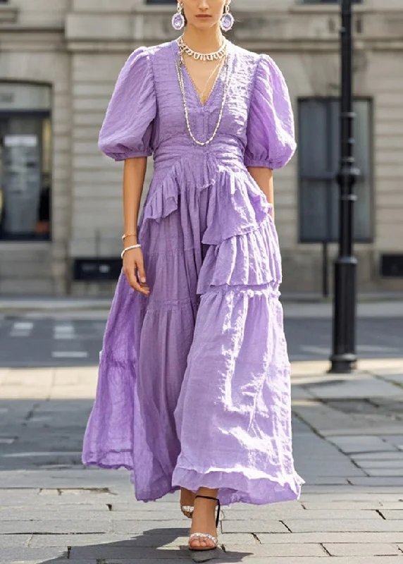 Beautiful Purple Puff Sleeve Exra Large Hem Cotton Long Dresses Tunics Cozy comfortable